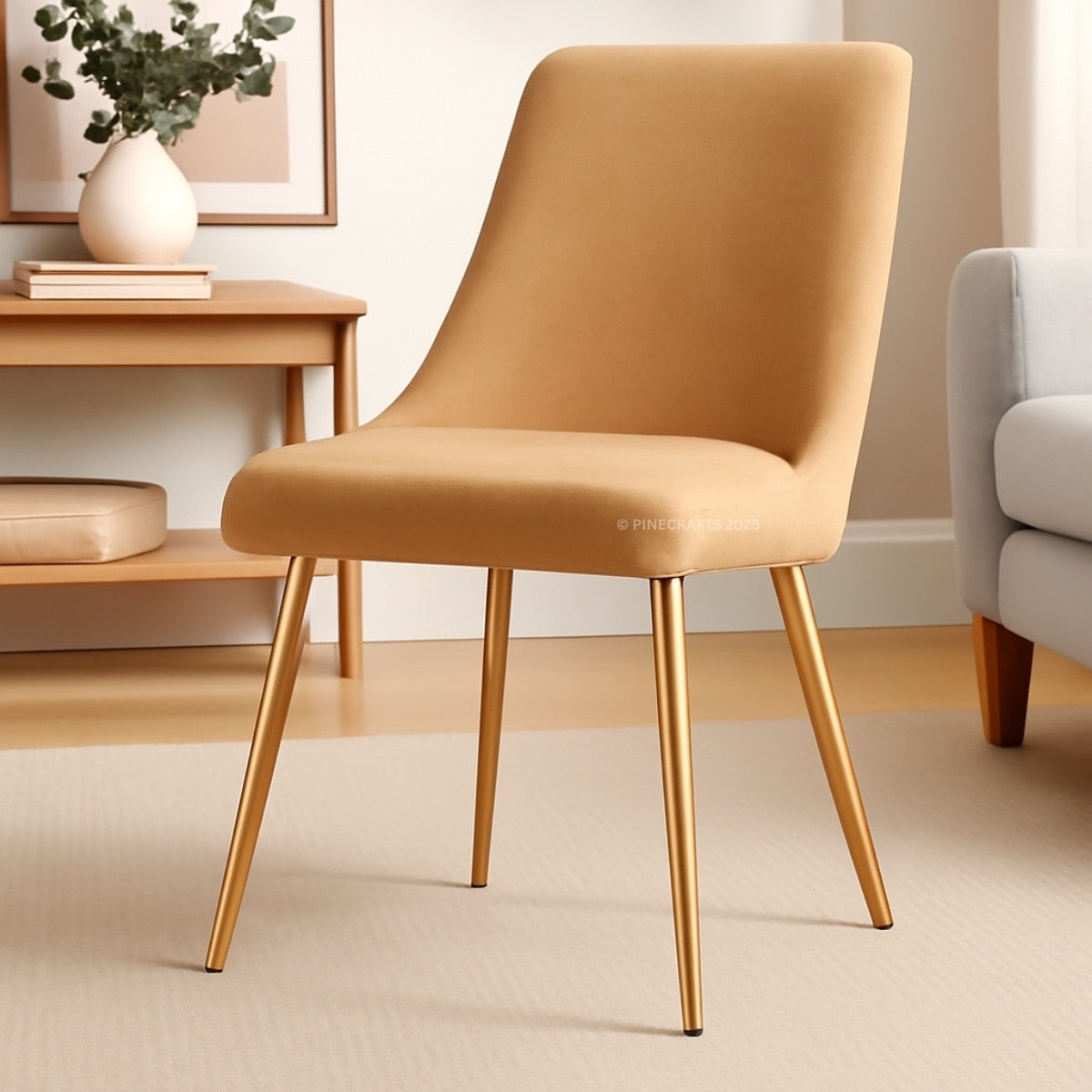 Beige chair with gold legs in a room setting